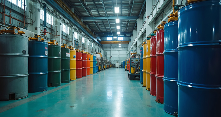 Industrielle Tonnen in verschiedenen Farben stehen links und rechts verteilt in einem Flur mit glänzendem Boden.