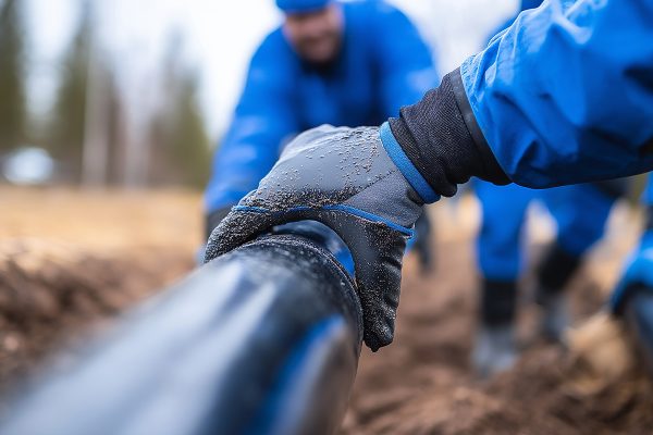 Auf einer Baustelle wird ein Rohr unterirdisch verlegt.