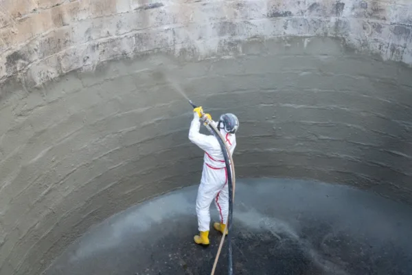 Ein Techniker führt eine Sanierung eines Putengüllebehälters im Nassspritzverfahren durch.